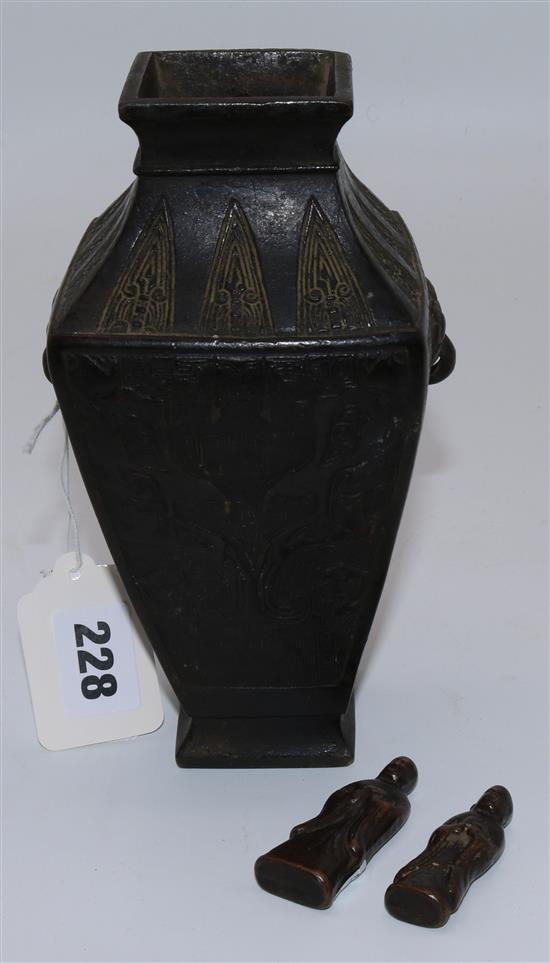 Chinese bronze vase and 2 small figures